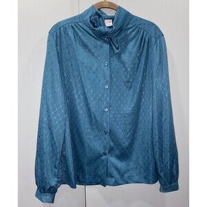 Vintage 80s Women Teal Silky Tie Neck Blouse Button Up Long Sleeve Shirt Top M/L